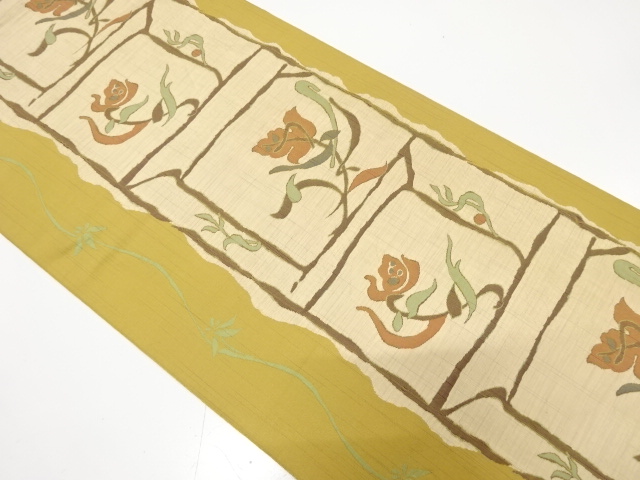 変わり縞に花更紗模様織り出し　名古屋帯